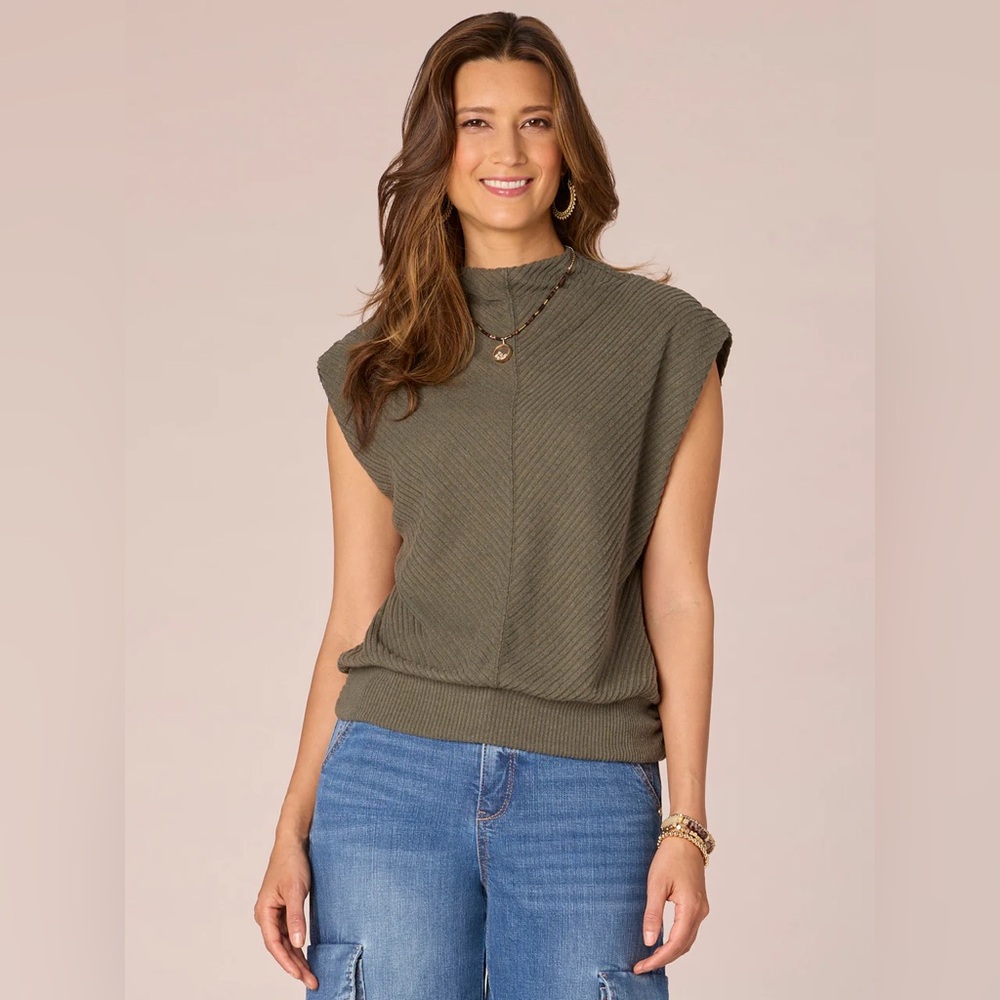 Democracy Cap Sleeve Funnel Neck Side Casing Banded Hem Knit Top, olive NWT